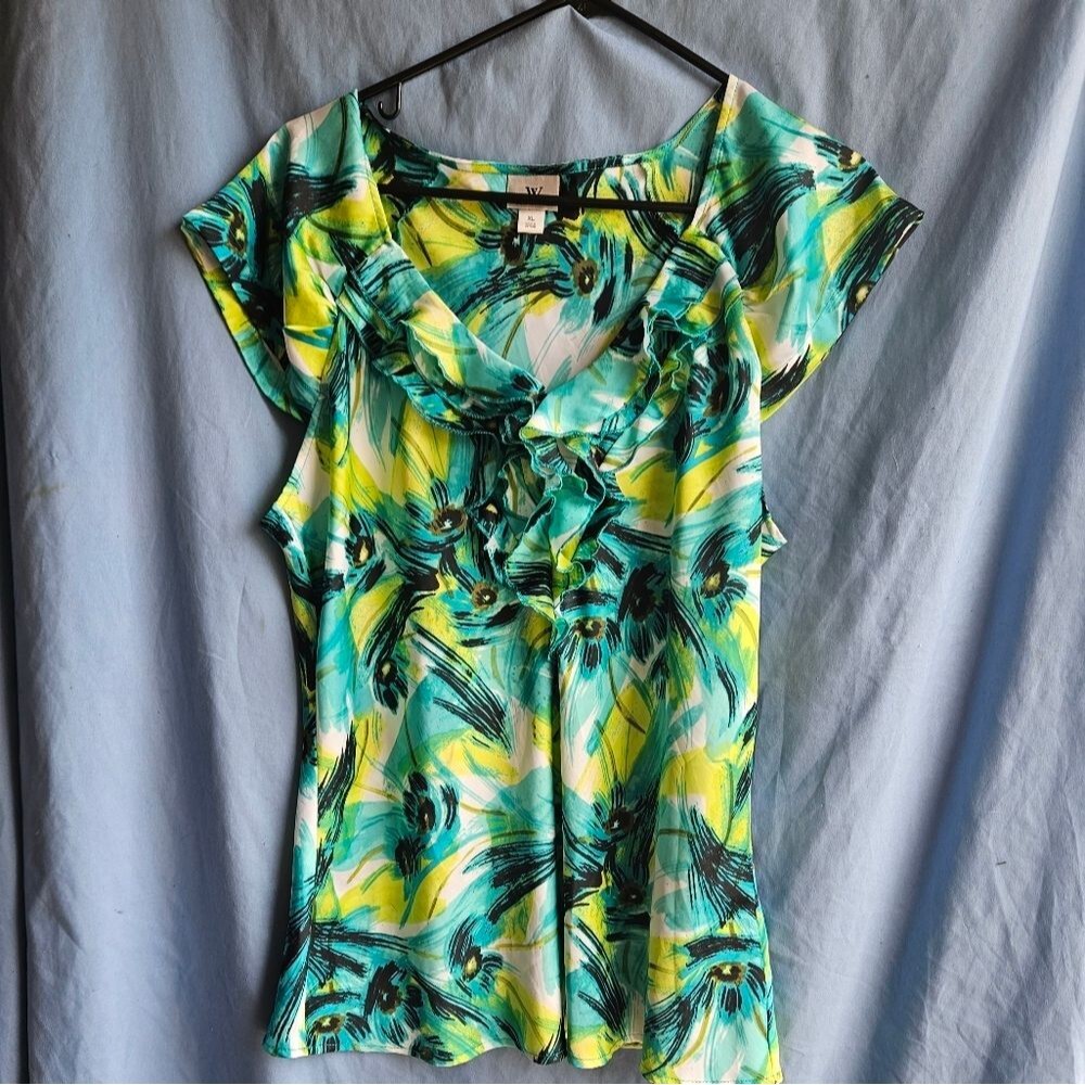 Worthington woman's large  green blue flower blouse sleeveless tank